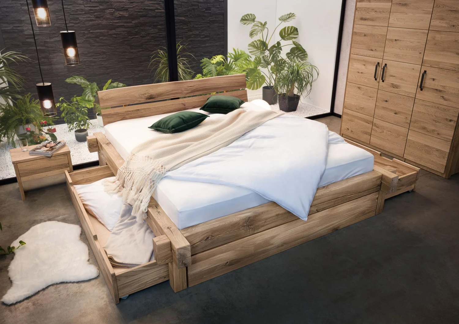 Lit Double Avec Tiroirs 180x200 Chêne Sauvage Huilé Bianco JANGALI #201 4 Lit Double Avec Tiroirs 180x200 Chêne Sauvage Huilé Bianco JANGALI #201 – Image 4