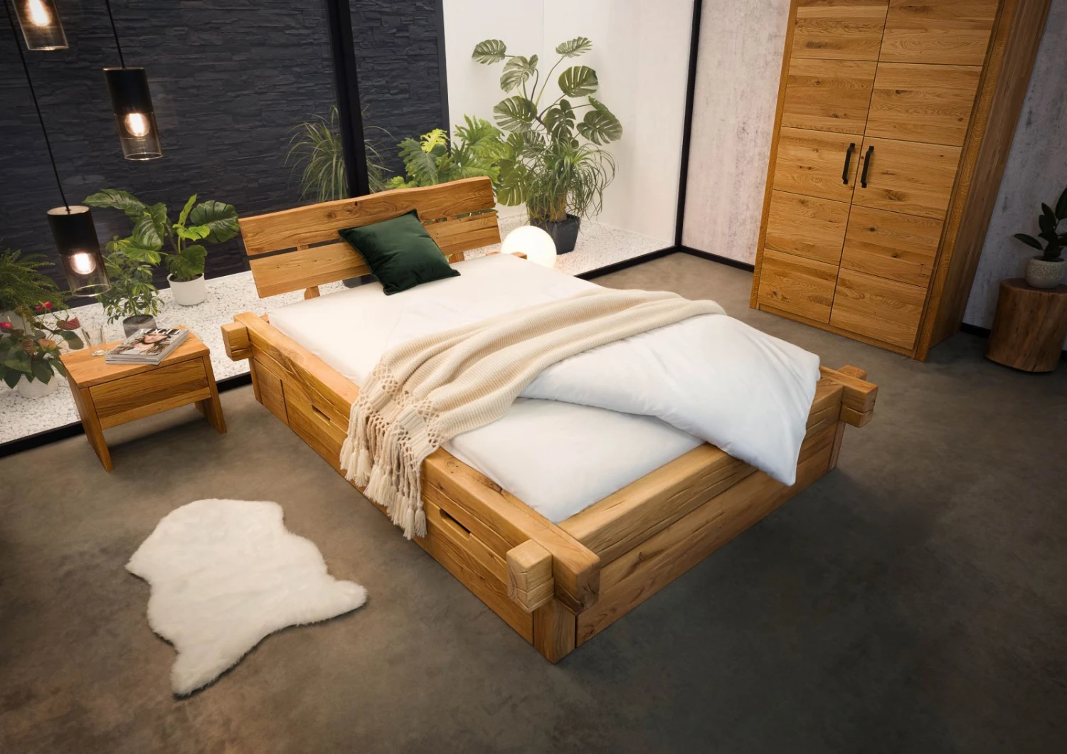 Lit Double Avec Tiroirs 160x200 Chêne Sauvage Huilé Bois Naturel JANGALI #619 2 Lit Double Avec Tiroirs 160x200 Chêne Sauvage Huilé Bois Naturel JANGALI #619 – Image 2