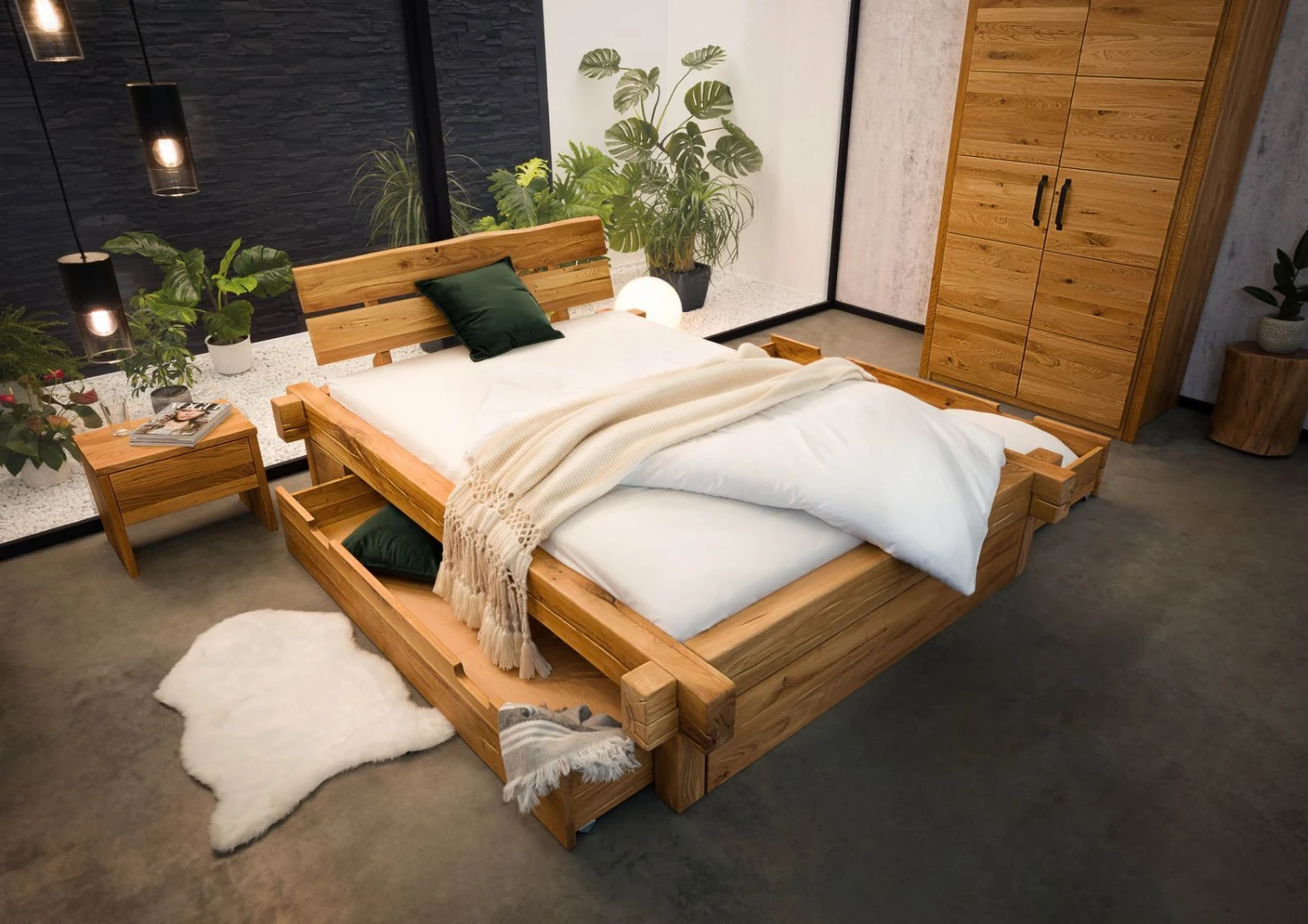 Lit Double Avec Tiroirs 160x200 Chêne Sauvage Huilé Bois Naturel JANGALI #619 4 Lit Double Avec Tiroirs 160x200 Chêne Sauvage Huilé Bois Naturel JANGALI #619 – Image 4