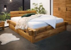 Lit Double Avec Tiroirs 200x200 Chêne Sauvage Huilé Bois Naturel JANGALI #621