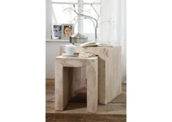Table D'appoint 45x35 Acacia Blanchi Blanc Lot 2 Pièces NATURE WHITE #12 -Massivmoebel24 09 100 552 0012 3