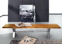 Banc 200x38 Acacia Laqué Bois Naturel IRON LABEL #137 -Massivmoebel24 09 128 820 0036 3