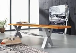 Banc 240x38cm - Bois D'acacia Laqué (Bois Naturel/Gris) - IRON LABEL #139 -Massivmoebel24 09 128 820 0036 4 1