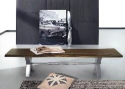 Banc 200x38cm - Bois D'acacia Laqué (Brun/Gris) - IRON LABEL #152 -Massivmoebel24 09 128 820 0051 3 1