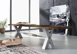 Banc 200x38cm - Bois D'acacia Laqué (Brun/Gris) - IRON LABEL #152 -Massivmoebel24 09 128 820 0051 4 1