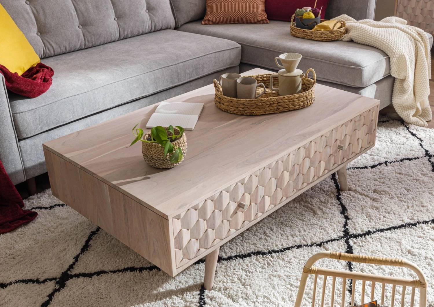 Table Basse 120x70 Acacia Laqué Blanc MOSAYK #203 2 Table Basse 120x70 Acacia Laqué Blanc MOSAYK #203 – Image 2