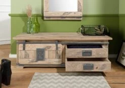 Banc De Vestibule En Bois De Manguier 120x45x40, Vernis Beige, RAILWAY #3011 12 Banc De Vestibule En Bois De Manguier 120x45x40, Vernis Beige, RAILWAY #3011 -Massivmoebel24 09 200 772 2111 03