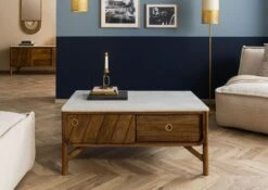 Table Basse Manguier 100x60x45 Marron Huilé / Marbre Véritable LOS ANGELES #05