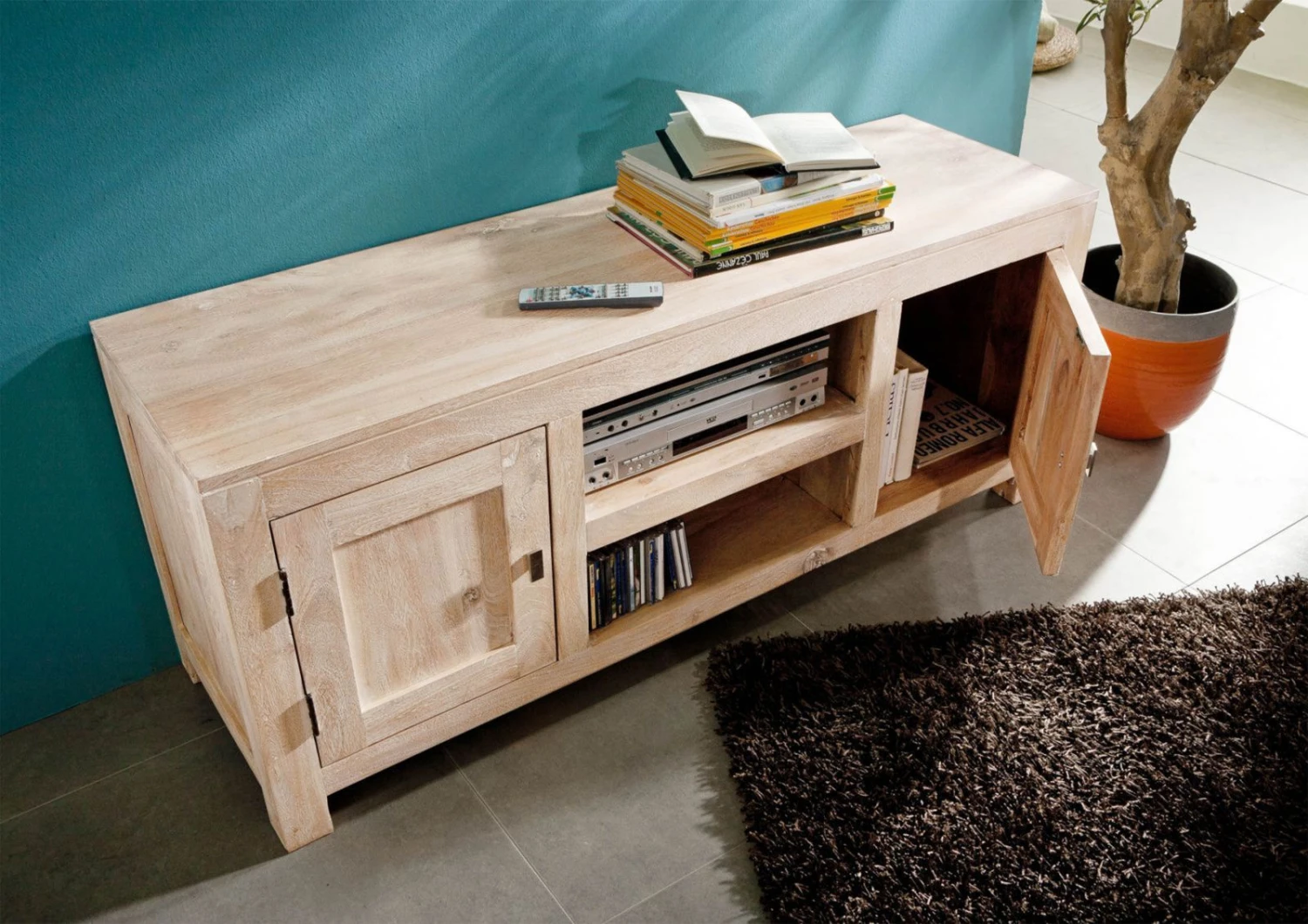 Meuble TV 145x45 Acacia Blanchi Blanc NATURE WHITE #41 2 Meuble TV 145x45 Acacia Blanchi Blanc NATURE WHITE #41 – Image 2