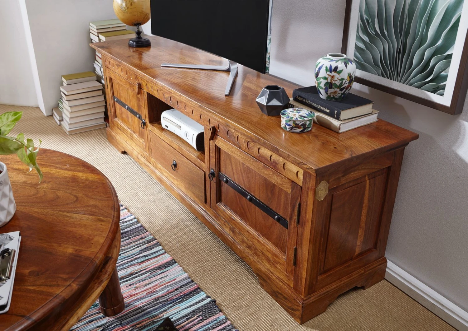 Meuble TV 170x40 Acacia Laqué Miel OXFORD #0324 2 Meuble TV 170x40 Acacia Laqué Miel OXFORD #0324 – Image 2