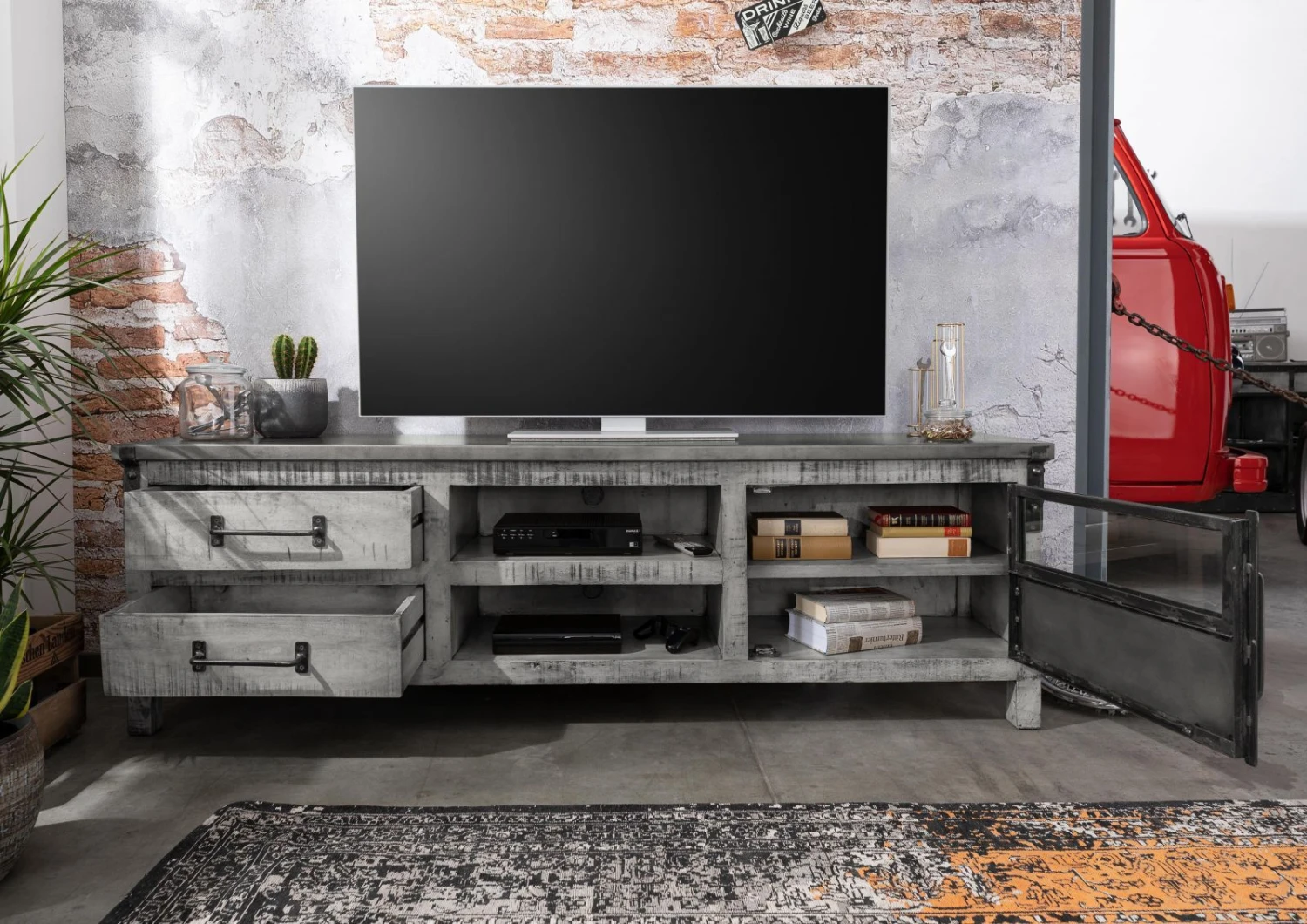 Meuble TV 190x40 Manguier Laqué Gris HEAVY INDUSTRY #134 4 Meuble TV 190x40 Manguier Laqué Gris HEAVY INDUSTRY #134 – Image 4