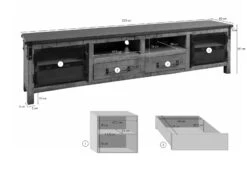 Meuble TV 220x40 Manguier Laqué Gris HEAVY INDUSTRY #135 -Massivmoebel24 09 313 677 0135 08