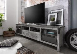 Meuble TV 220x40 Manguier Laqué Gris HEAVY INDUSTRY #135