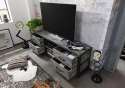 Meuble TV 180x40 Manguier Laqué Gris HEAVY INDUSTRY #139 -Massivmoebel24 09 313 677 0139 4