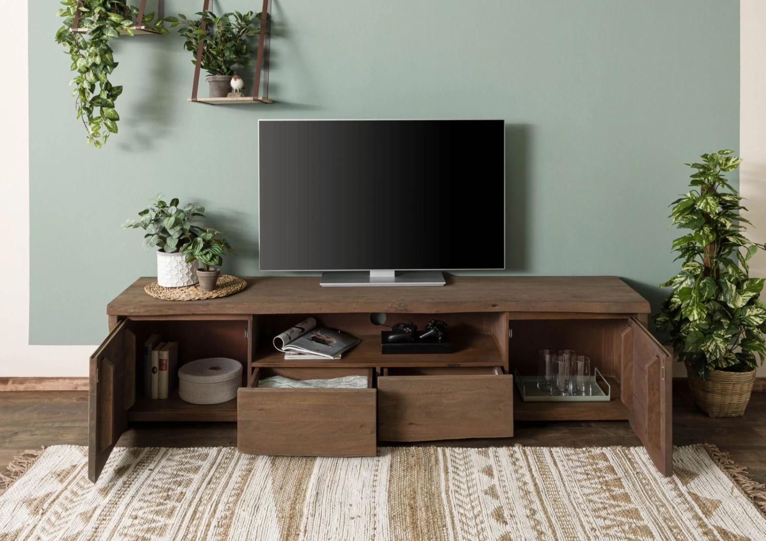 PURE MANGO #121 Meuble TV En Bois De Manguier - Huilé / Marron 200x45x50 4 PURE MANGO #121 Meuble TV En Bois De Manguier - Huilé / Marron 200x45x50 – Image 4