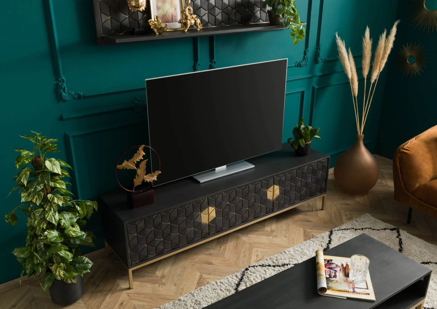 Meuble TV En Bois De Manguier 180x45x50 Gris Huilé DIAMOND #124 2 Meuble TV En Bois De Manguier 180x45x50 Gris Huilé DIAMOND #124 – Image 2