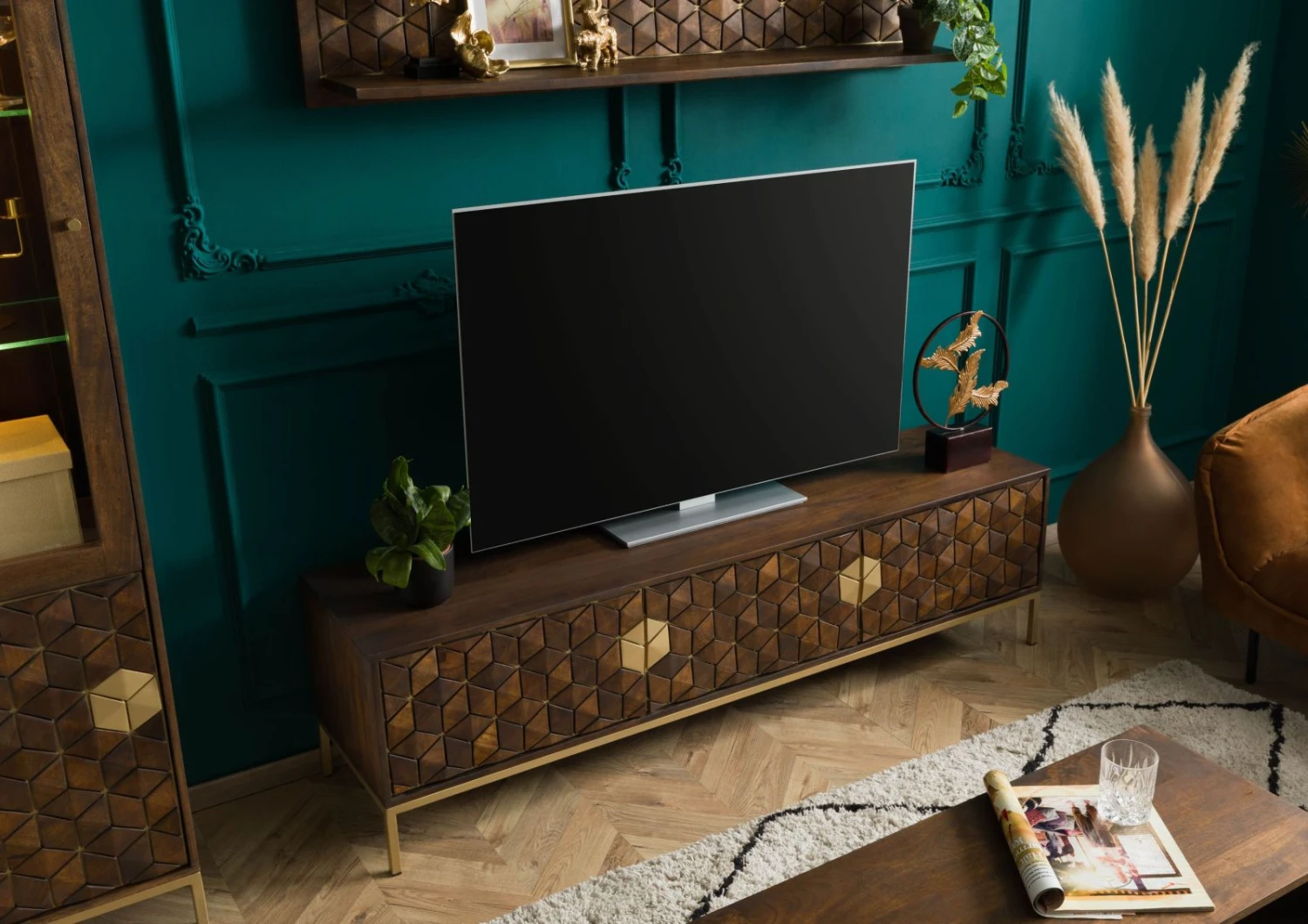 Meuble TV En Bois De Manguier 180x45x50 Marron Huilé DIAMOND #224 2 Meuble TV En Bois De Manguier 180x45x50 Marron Huilé DIAMOND #224 – Image 2