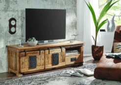 Meuble TV 160x45 Manguier Laqué Bois Naturel RAILWAY #101
