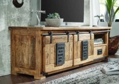 Meuble TV 160x45 Manguier Laqué Bois Naturel RAILWAY #101 -Massivmoebel24 09 313 772 0002 04