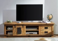 Meuble TV 180x55 Manguier Laqué Bois Naturel RAILWAY #145 -Massivmoebel24 09 313 772 0045 03