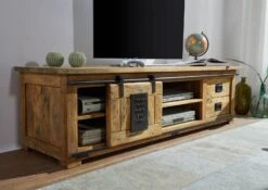 Meuble TV 180x55 Manguier Laqué Bois Naturel RAILWAY #145 -Massivmoebel24 09 313 772 0045 04