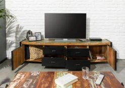 Meuble TV 208x43 Bois De Récupération Laqué Multicolore INDUSTRIAL #106 12 Meuble TV 208x43 Bois De Récupération Laqué Multicolore INDUSTRIAL #106 -Massivmoebel24 09 313 811 0106 4