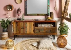 Meuble TV 160x45 Bois De Récupération Laqué Multicolore SIXTIES #116