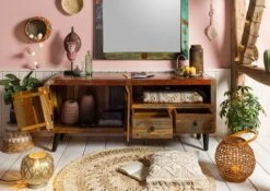 Meuble TV 160x45 Bois De Récupération Laqué Multicolore SIXTIES #116 -Massivmoebel24 09 313 815 0016 4