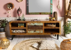 Meuble TV 170x45 Bois De Récupération Laqué Multicolore SIXTIES #117