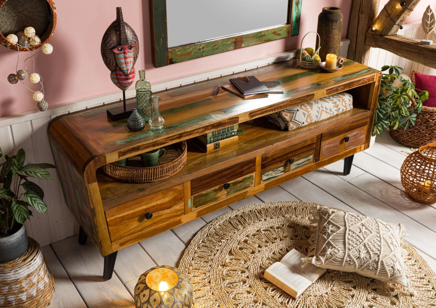 Meuble TV 180x45 Bois De Récupération Laqué Multicolore SIXTIES #119 2 Meuble TV 180x45 Bois De Récupération Laqué Multicolore SIXTIES #119 – Image 2