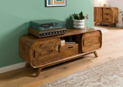 Meuble TV En Bois De Sheesham 134x40x48 Marron Clair Laqué MAILAND #125 -Massivmoebel24 09 313 875 0125 03