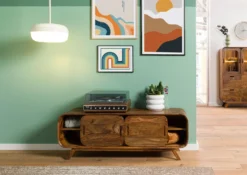 Meuble TV En Bois De Sheesham 134x40x48 Marron Clair Laqué MAILAND #125 -Massivmoebel24 09 313 875 0125 04