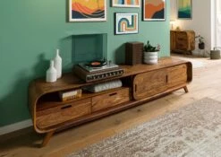 Meuble TV En Bois De Sheesham 220x40x48 Marron Clair Laqué MAILAND #127 -Massivmoebel24 09 313 875 0127 03