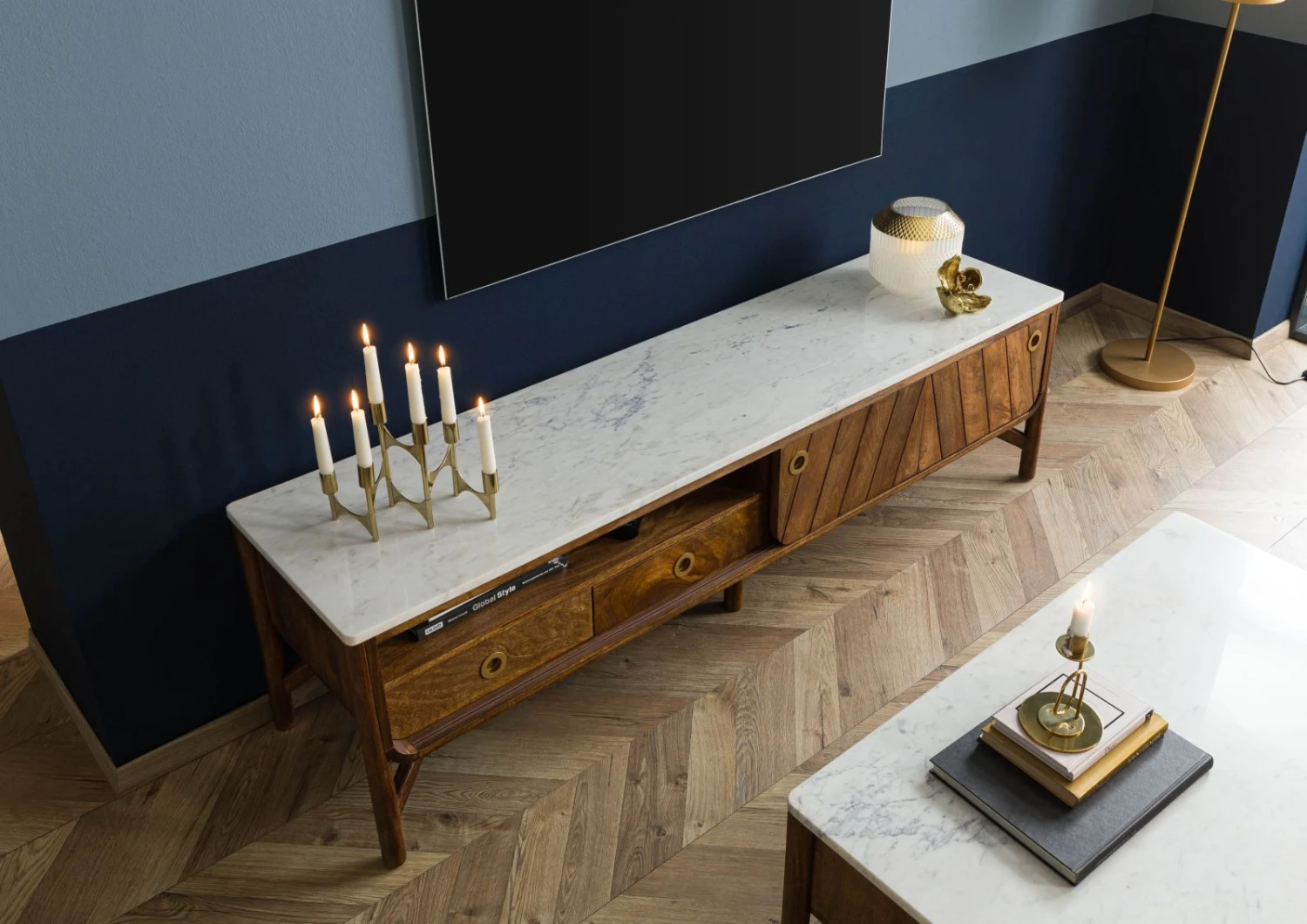 Meuble TV Manguier 180x45x50 Marron Huilé / Marbre Véritable LOS ANGELES #02 2 Meuble TV Manguier 180x45x50 Marron Huilé / Marbre Véritable LOS ANGELES #02 – Image 2