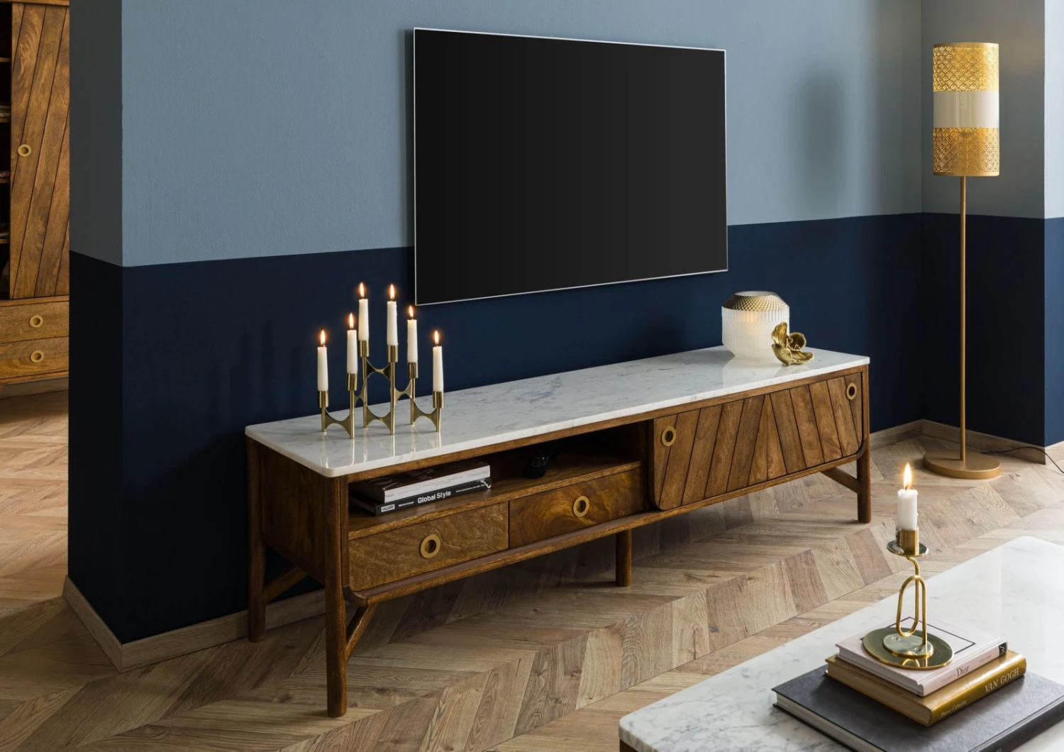 Meuble TV Manguier 180x45x50 Marron Huilé / Marbre Véritable LOS ANGELES #02 3 Meuble TV Manguier 180x45x50 Marron Huilé / Marbre Véritable LOS ANGELES #02 – Image 3