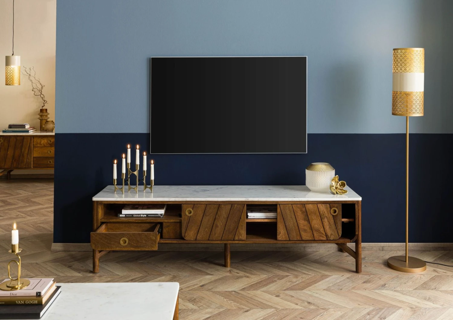 Meuble TV Manguier 180x45x50 Marron Huilé / Marbre Véritable LOS ANGELES #02 4 Meuble TV Manguier 180x45x50 Marron Huilé / Marbre Véritable LOS ANGELES #02 – Image 4