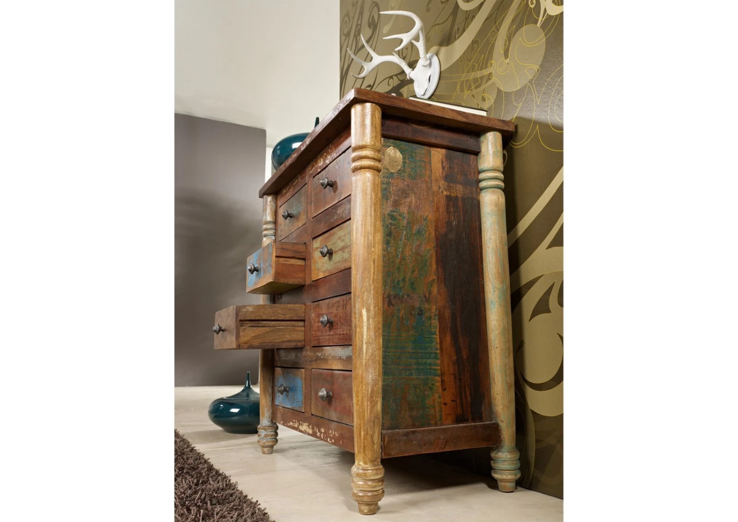 Commode 80x42 Bois De Récupération Laqué Multicolore FABLE #09 3 Commode 80x42 Bois De Récupération Laqué Multicolore FABLE #09 – Image 3