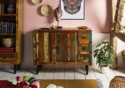 Commode 110x40 Bois De Récupération Laqué Multicolore SIXTIES #112