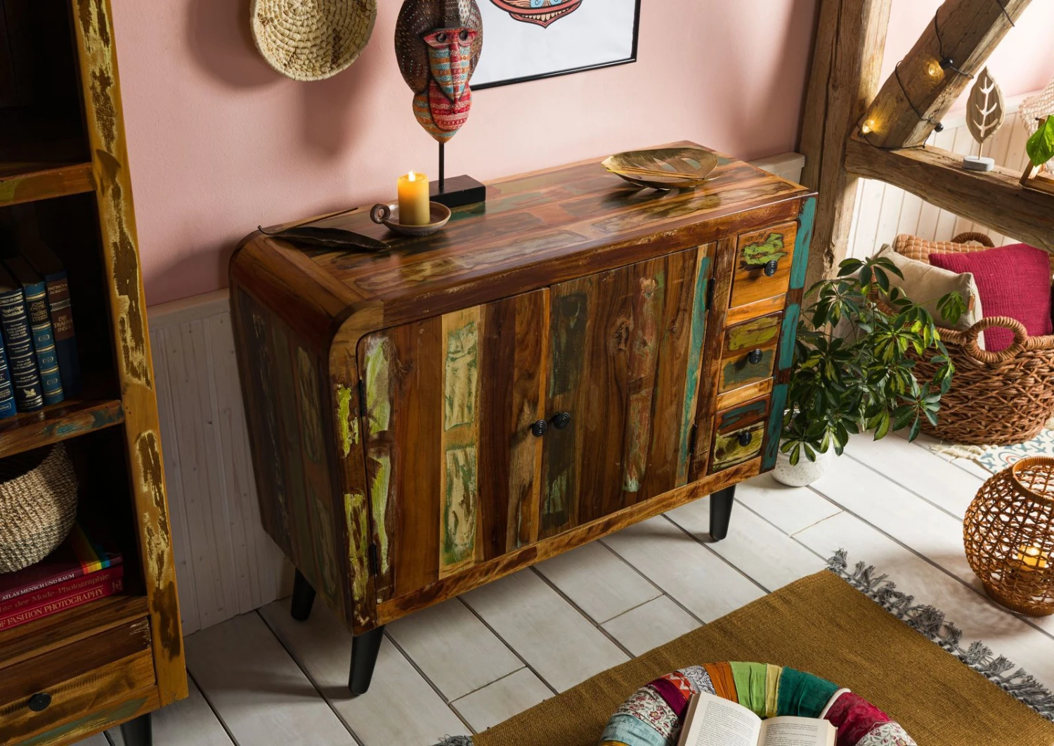 Commode 110x40 Bois De Récupération Laqué Multicolore SIXTIES #112 2 Commode 110x40 Bois De Récupération Laqué Multicolore SIXTIES #112 – Image 2