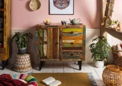 Commode 90x40 Bois De Récupération Laqué Multicolore SIXTIES #114