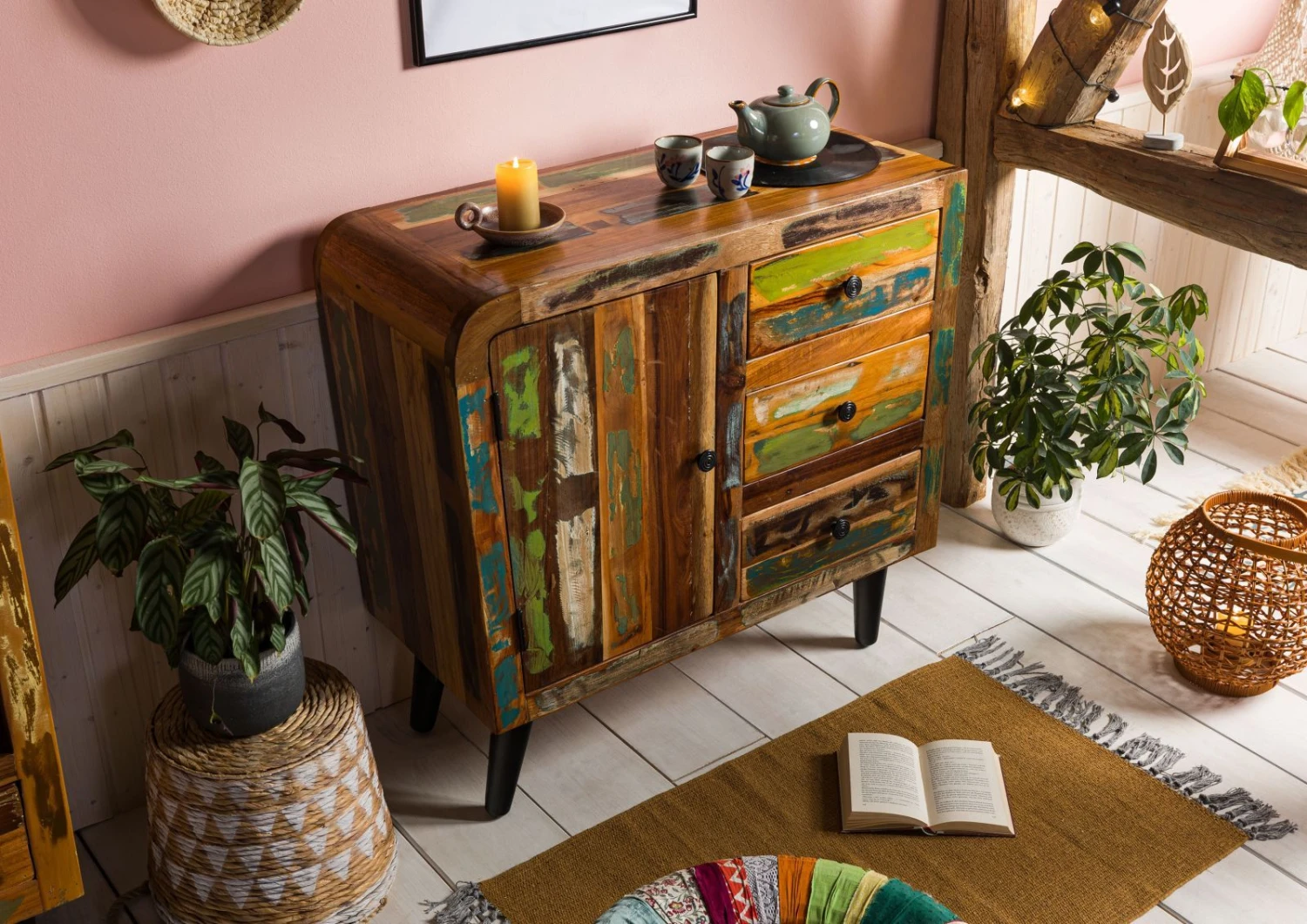 Commode 90x40 Bois De Récupération Laqué Multicolore SIXTIES #114 2 Commode 90x40 Bois De Récupération Laqué Multicolore SIXTIES #114 – Image 2