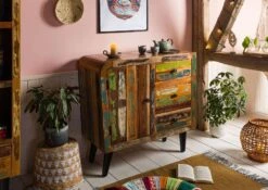 Commode 90x40 Bois De Récupération Laqué Multicolore SIXTIES #114 11 Commode 90x40 Bois De Récupération Laqué Multicolore SIXTIES #114 -Massivmoebel24 09 330 815 0014 3