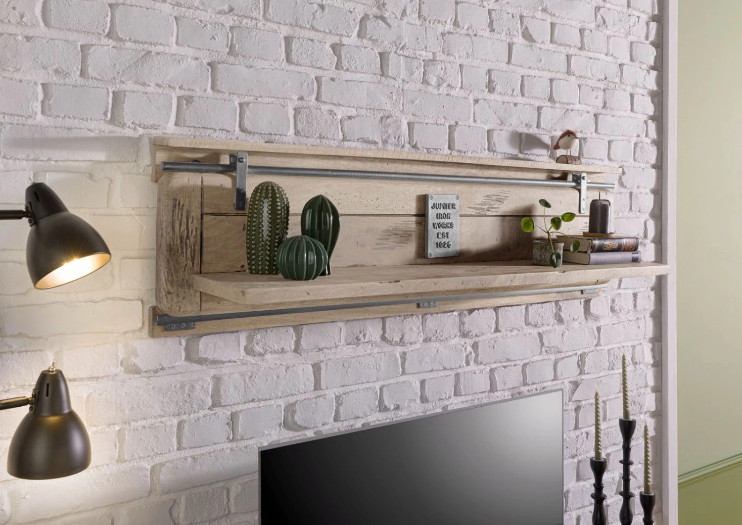 Étagère Murale En Bois De Manguier 180x25x38, Vernis Beige, RAILWAY #391 1 Étagère Murale En Bois De Manguier 180x25x38, Vernis Beige, RAILWAY #391