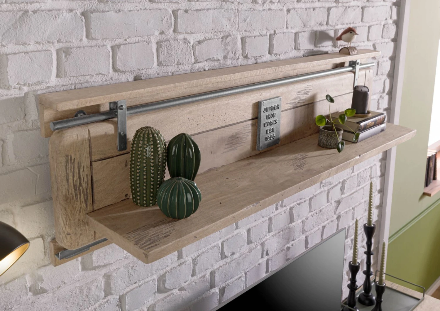 Étagère Murale En Bois De Manguier 180x25x38, Vernis Beige, RAILWAY #391 2 Étagère Murale En Bois De Manguier 180x25x38, Vernis Beige, RAILWAY #391 – Image 2