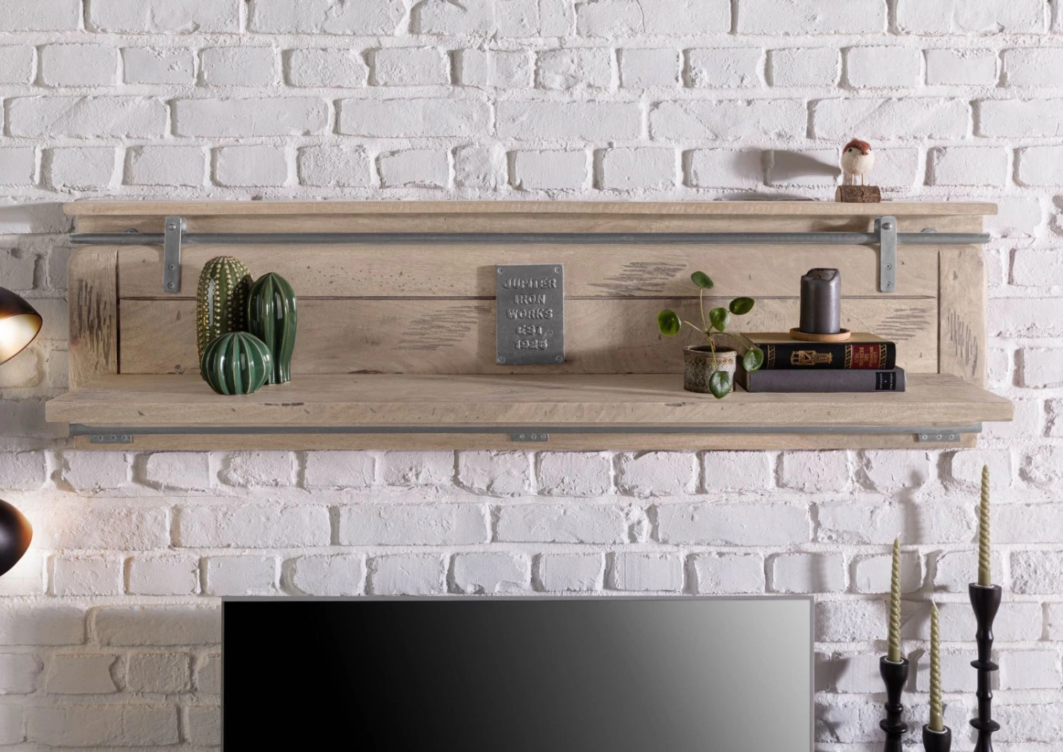 Étagère Murale En Bois De Manguier 180x25x38, Vernis Beige, RAILWAY #391 3 Étagère Murale En Bois De Manguier 180x25x38, Vernis Beige, RAILWAY #391 – Image 3