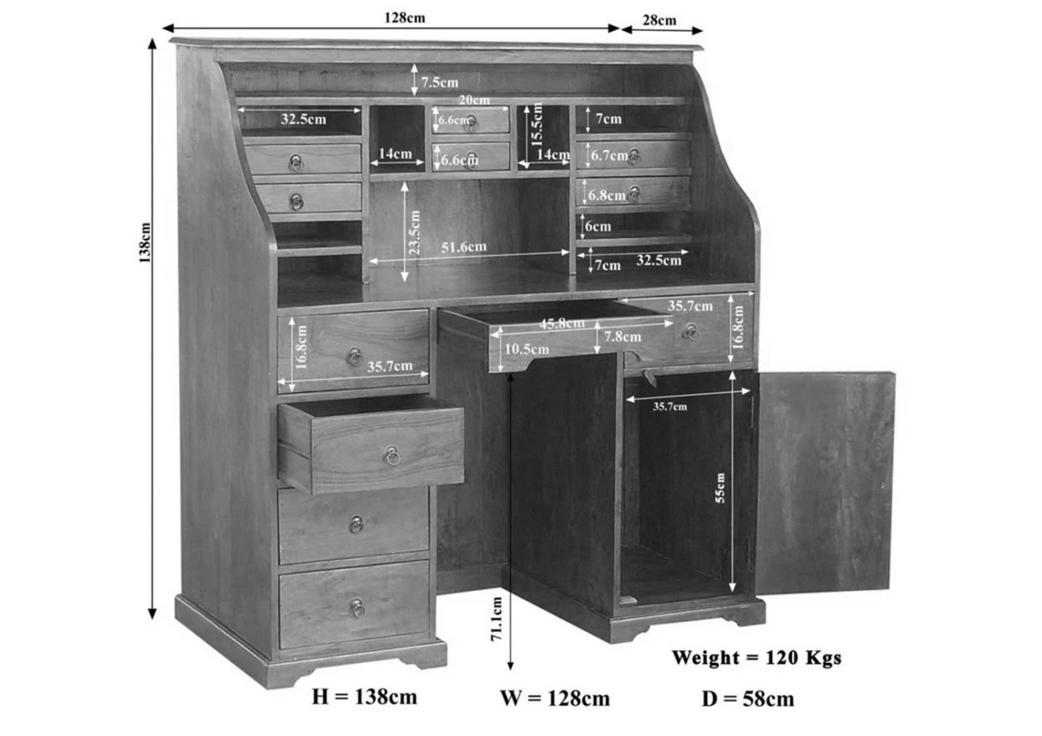 Secrétaire 128x58 Acacia Laqué Nougat OXFORD #516 5 Secrétaire 128x58 Acacia Laqué Nougat OXFORD #516 – Image 5