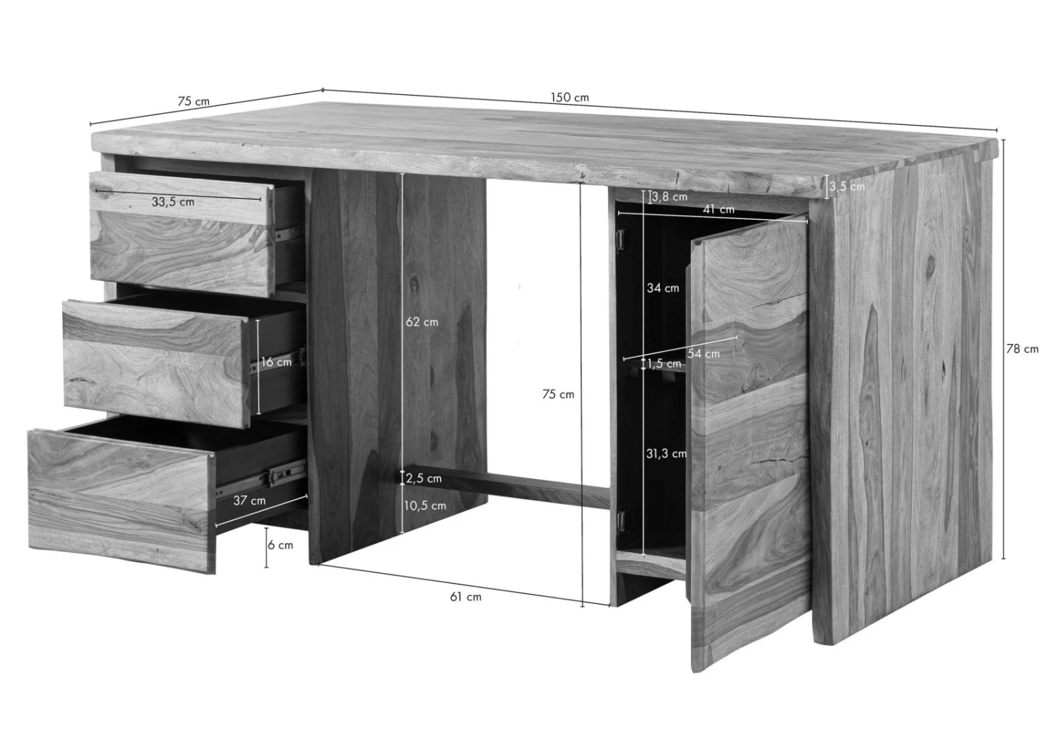 PURE SHEESHAM #210 Bureau En Sheesham - Laqué-sablé/naturel 150x75x78 8 PURE SHEESHAM #210 Bureau En Sheesham - Laqué-sablé/naturel 150x75x78 – Image 8