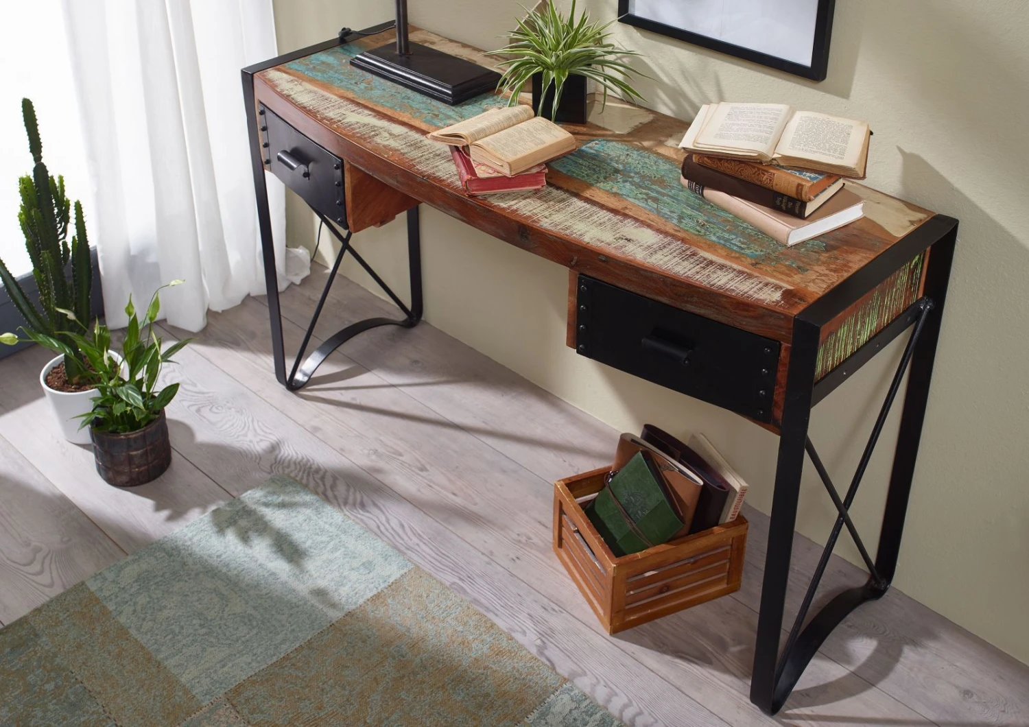 Bureau 135x50 Bois De Récupération Laqué Multicolore INDUSTRIAL #43 2 Bureau 135x50 Bois De Récupération Laqué Multicolore INDUSTRIAL #43 – Image 2