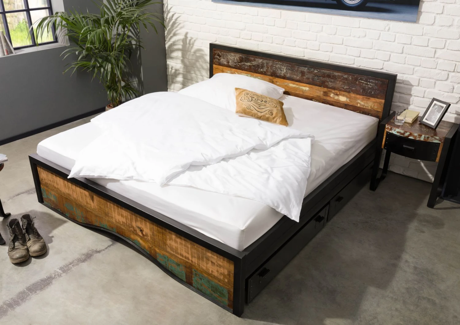 Lit Double Avec Tiroirs 180x200 Bois De Récupération Laqué Multicolore INDUSTRIAL #109 2 Lit Double Avec Tiroirs 180x200 Bois De Récupération Laqué Multicolore INDUSTRIAL #109 – Image 2