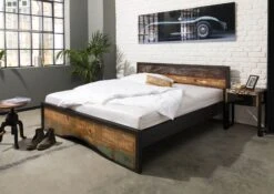 Lit Double 200x200 Bois De Récupération Laqué Multicolore INDUSTRIAL #111